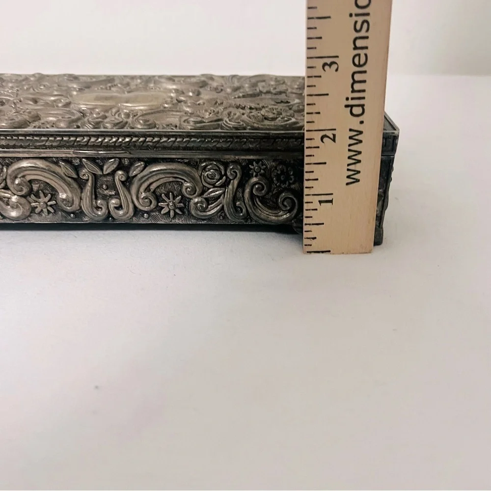Vintage 1992 GODINGER SILVER Jewelry Trinket Box Heavy Floral Vine High Relief